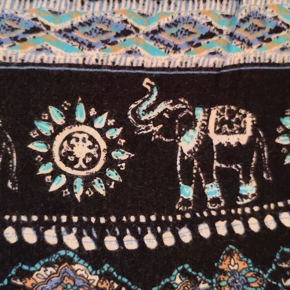 Black Teal White Elephant Floral Block Print Harem Pants XL *Fits like Med
